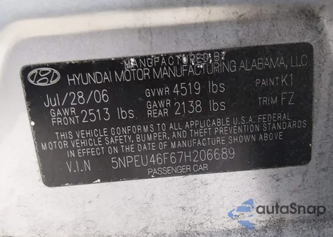 2007 Hyundai Sonata Limited/Se V6 из США, поврежденный, VIN 5NPEU46F67H206689